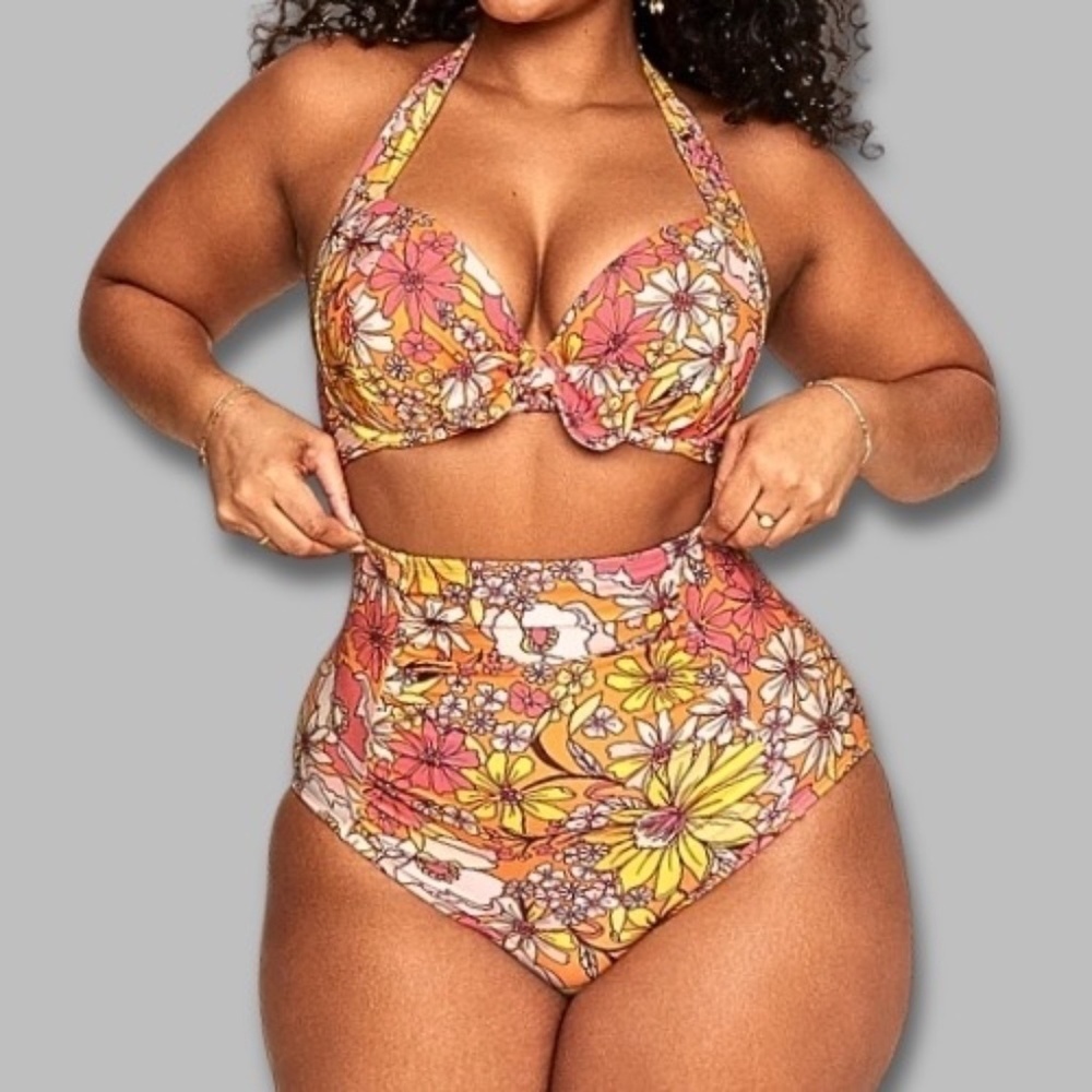 Adore Me Shelby Bikini Set Floral Underwire Halter High-Waist Gold/Pink 44DDD/4X